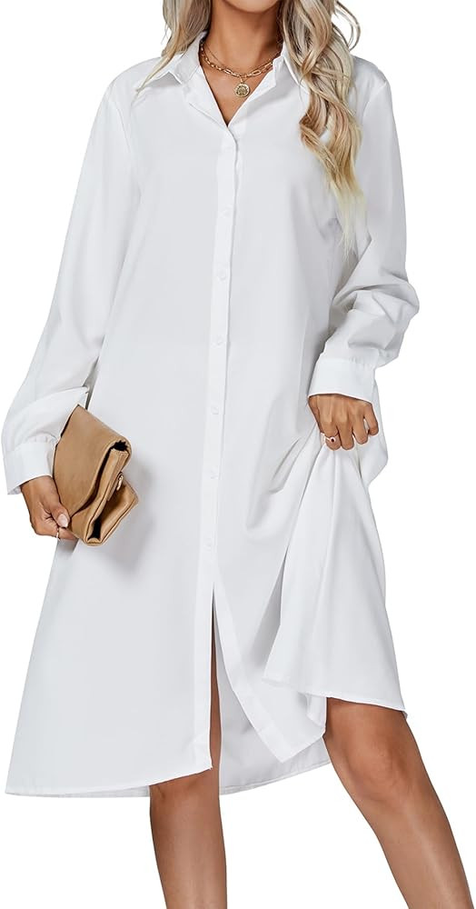 Women's Casual Collar V Neck Button Down Long Sleeve Loose Midi Shirt Dress with Pocket | Amazon (US)