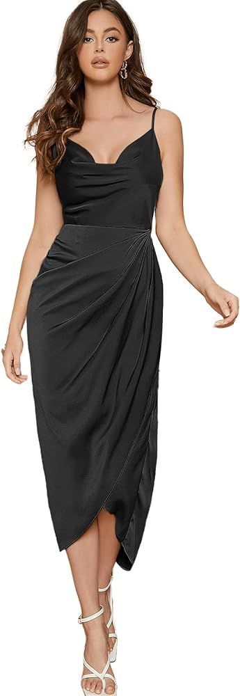 Floerns Women's Plus Size Satin Spaghetti Strap Cowl Neck Wrap Party Cami Dress | Amazon (US)