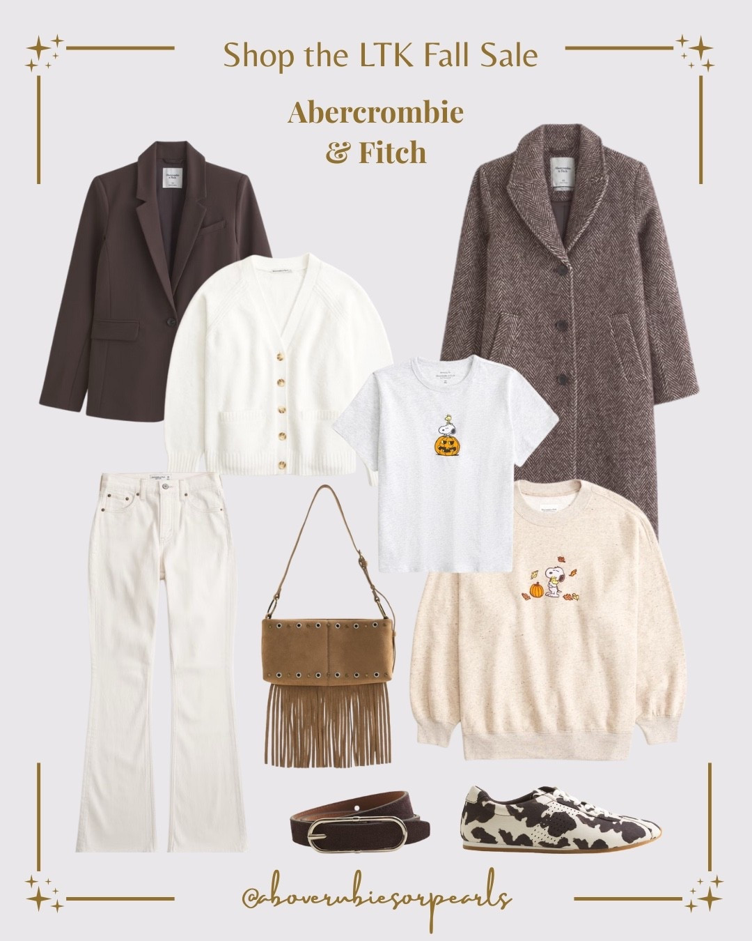 Playful + cozy fall style 🎃 Featuring the Great Pumpkin Snoopy graphic tee in light gray and sweatshirt in ivory, layered with an ivory cardigan, brown blazer, or brown herringbone topcoat. Paired with ecru bootcut jeans, a suede fringe shoulder bag, cow-print slim sneakers, and a leather belt with an oval buckle — mix & match fall outfits you can shop now in the #LTKFallSale. 

#LTKStyleTip #LTKFallSale #LTKSeasonal