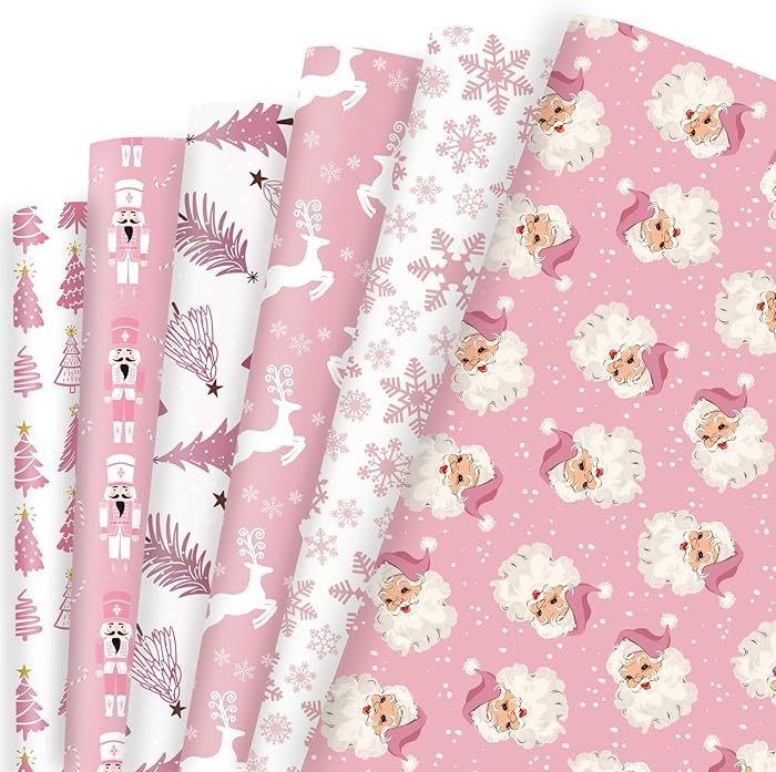 Vnaaem Pink Christmas Wrapping Paper 6 Xmas Style Bulk Santa Nutracker Christmas Trees and Reinde... | Amazon (US)