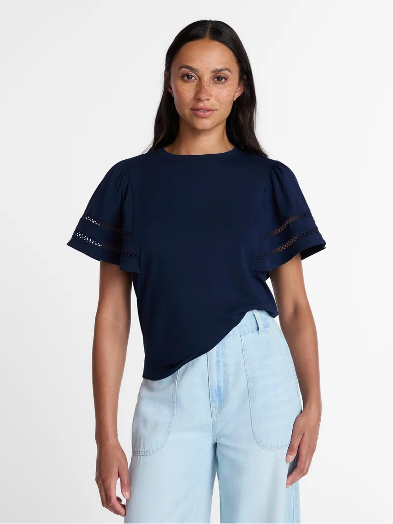 Time and Tru Women\u2019s Crewneck Top with Lace Inset Flounce Sleeves, Sizes XS-XXXL | Walmart (US)