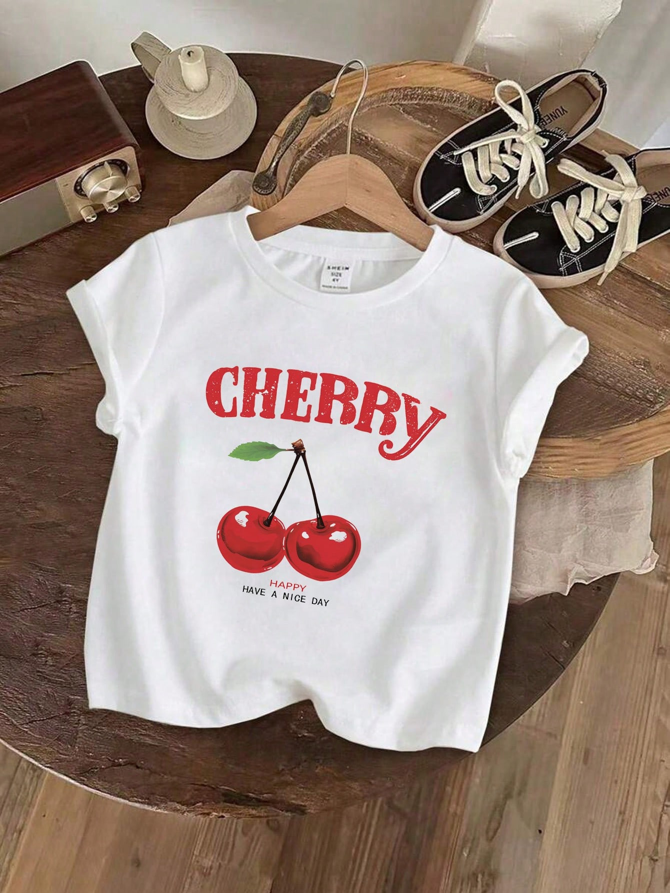 TrendsYoung Girl Summer Letter & Cherry Print Round Neck Short Sleeve Casual T-Shirt | SHEIN