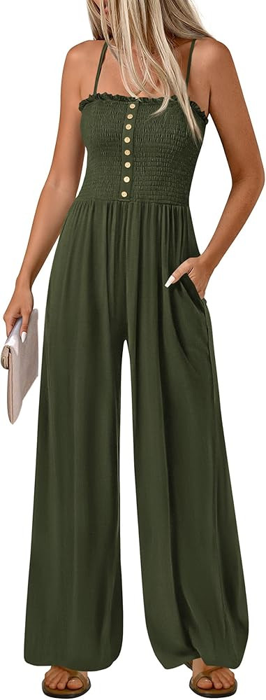 PRETTYGARDEN Jumpsuits for Women 2026 Summer Sleeveless Smocked Button Wide Leg Rompers Spring Tr... | Amazon (US)