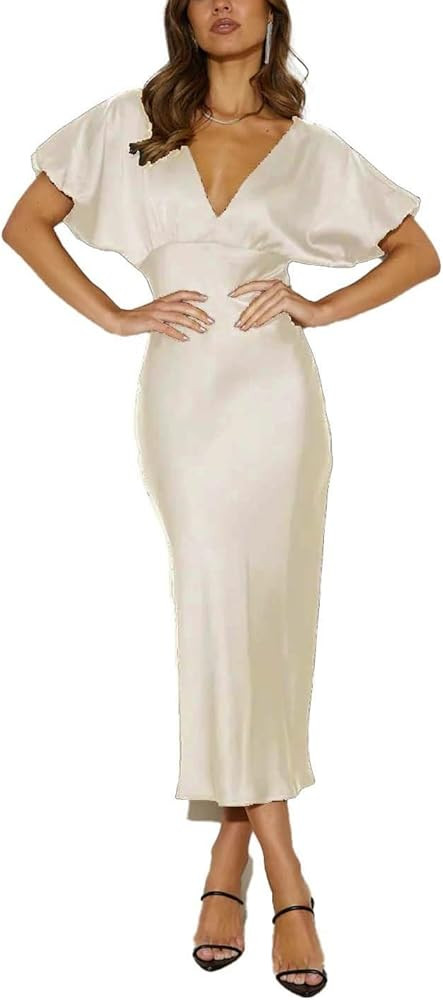 Satin V Neck Puffy Sleeves Silk Midi Dresses Empire Waist Elegant Tie Back Formal Cocktail Dress ... | Amazon (US)