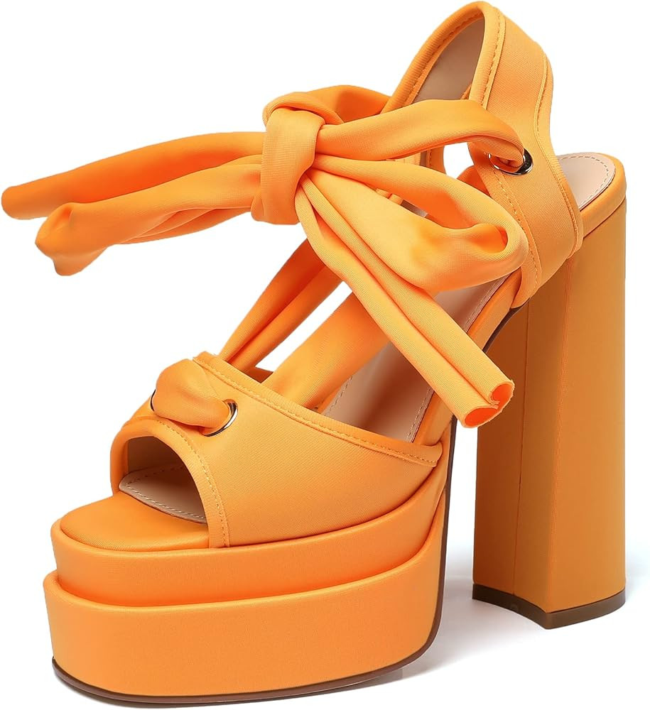 vivianly Lace Up Platform Ankle Strap Heeled Sandals Satin Square Toe Chunky Block High Heels for... | Amazon (US)