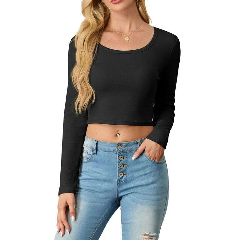 Cueply Women's Ribbed Knit Shirts Square Neck Long Sleeve Slim Fitted Casual Basic Crop Top | Walmart (US)