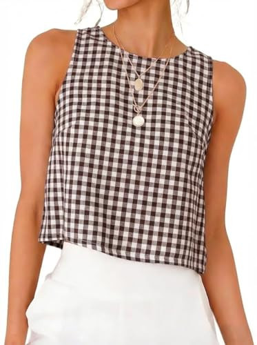 IDEALSANXUN Gingham Tank Top for Women 2026 Cotton Linen Cute Crop Spring Summer Tops Sleeveless Plaid Shirts Blouses Beach Vacation Clothes, Coffee, XS | Amazon (US)