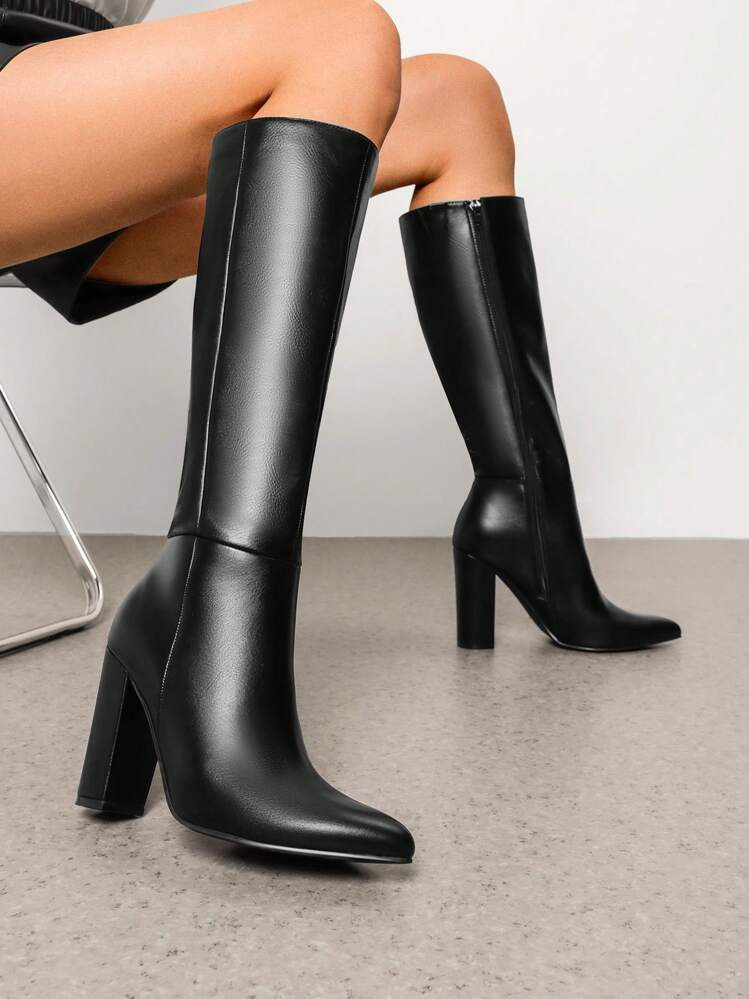 Women's Chunky Heel Pointed Toe Knee High Boots Side Zipper  Tall Boots For Women Fashionable Sol... | SHEIN