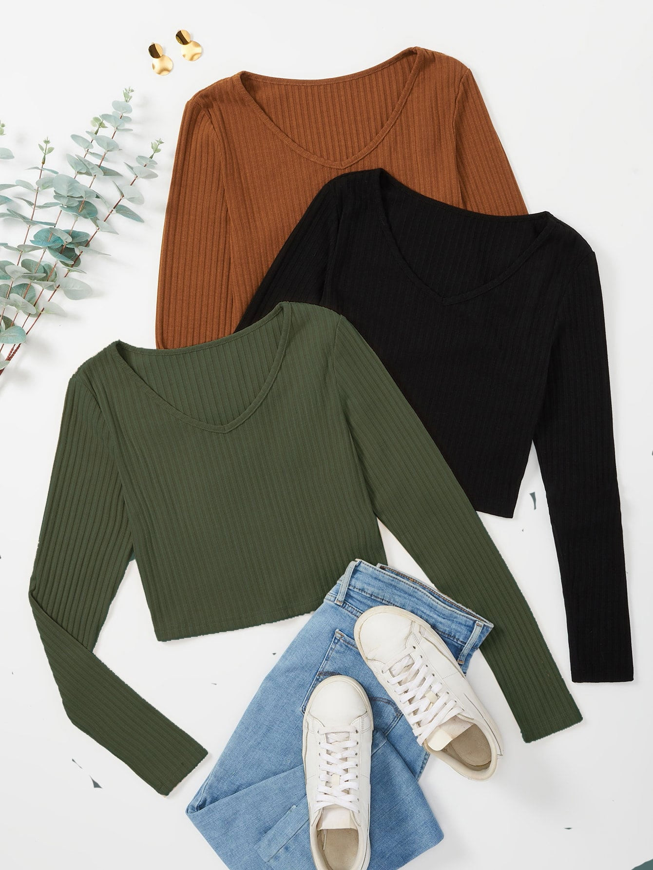 Plus 3pcs Solid Rib-knit V Neck Tee | SHEIN