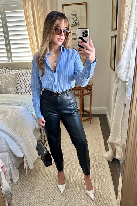 Unexpected twist on a classic casual outfit by pairing a button down shirt with leather pants. Pants and shoes are old Zara but I’ve linked similar options so you can recreate the look. 

#LTKSeasonal #LTKfindsunder100 #LTKSpringSale