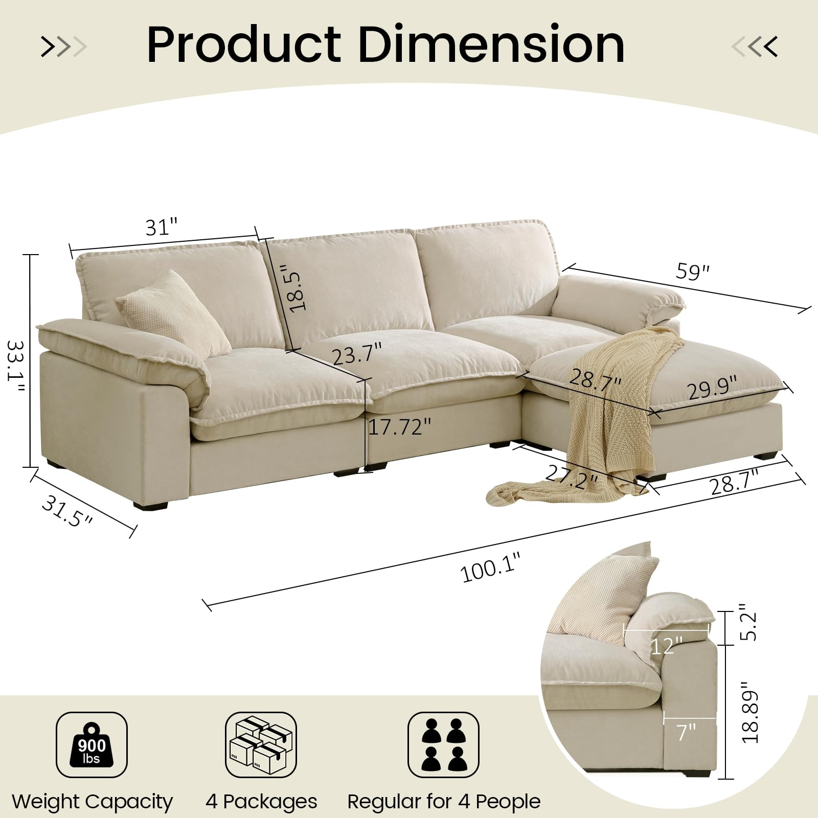 Modular Sectional Sofa Deep Seat Cloud Couch with Reversible Chaise L Shaped Couch with Padded Ar... | Amazon (US)