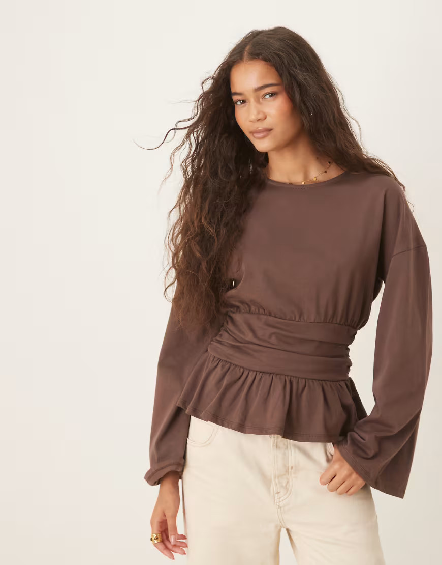 ASOS DESIGN long sleeve peplum T-shirt in brown | ASOS (Global)