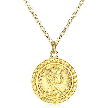 VACRONA Coin Necklace 18k Gold Plated Vintage Textured Medallion Coin Pendant Round Circle Disk D... | Amazon (US)