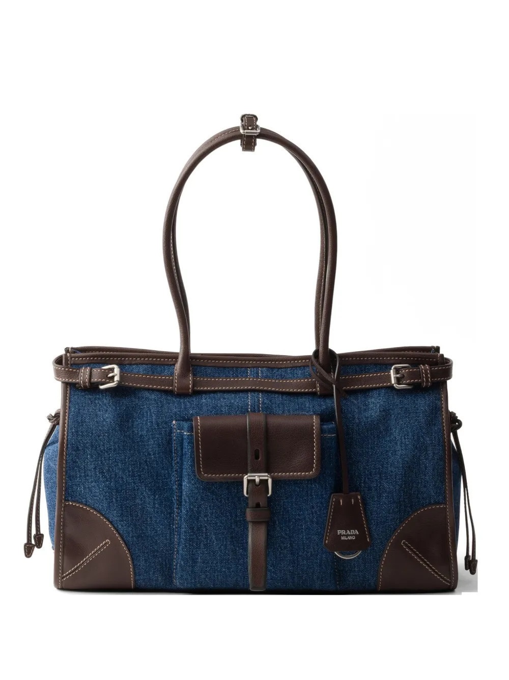 Prada Bonnie large denim and leather handbag - Blue | Farfetch Global