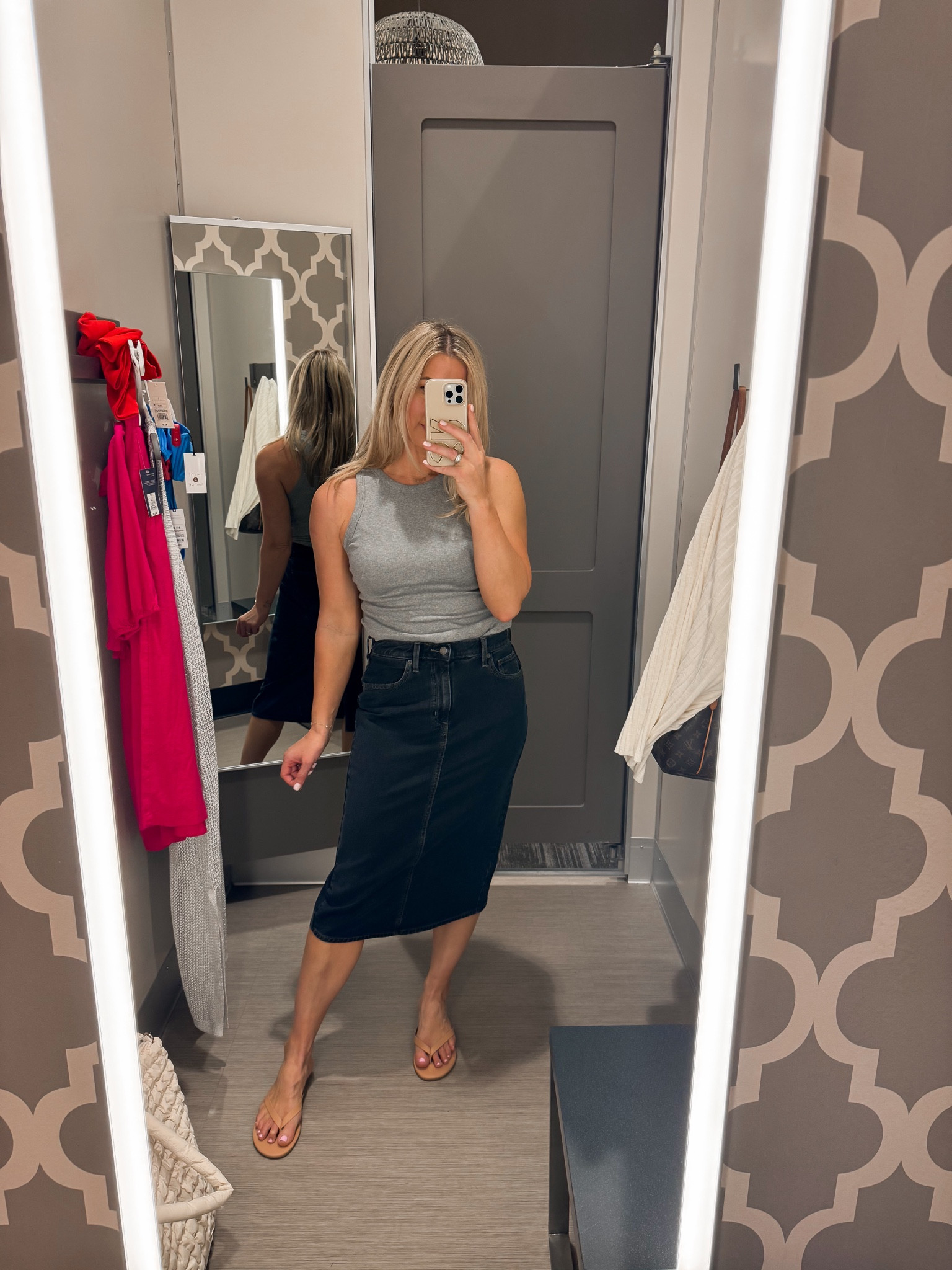 Black denim midi skirt from Target 
$8 tank (I’ve been sizing up in these to a large) 
Tkees (size up) 

#LTKShoeCrush #LTKSeasonal #LTKFindsUnder50