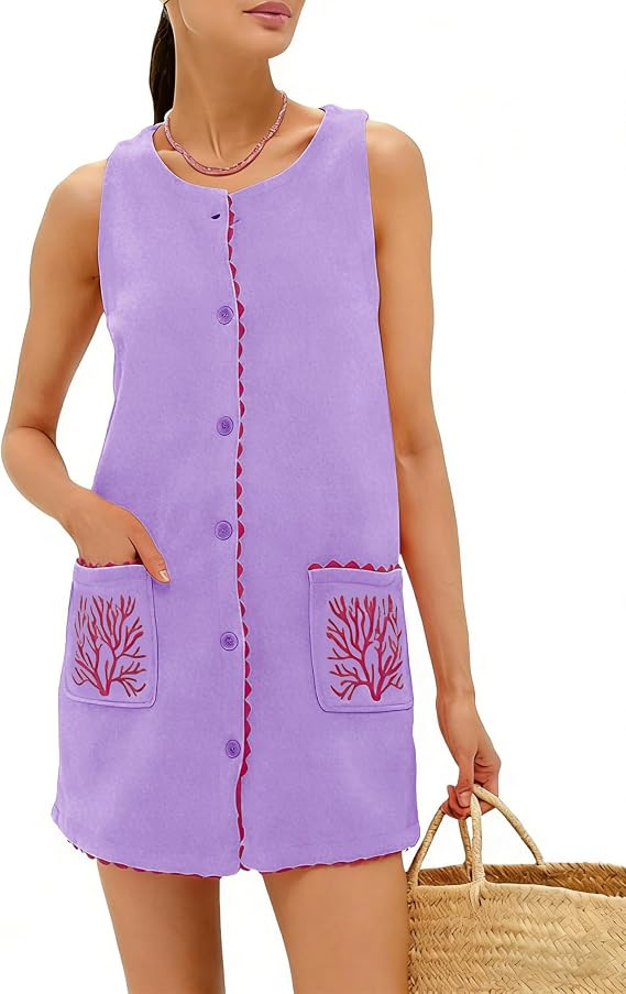 Sleeveless Mini Dress for Women Faux Suede Soft Cover Up with Button Front Summer Casual Embroide... | Amazon (US)