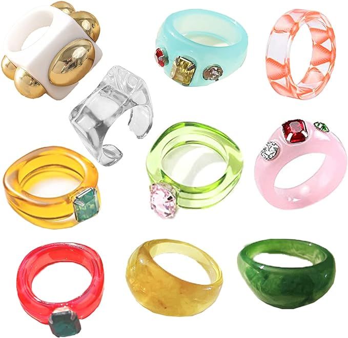 Okurimono 10pcs Resin Rings, Fashion Corlorful Chunky Acrylic Vintage Rings for Women Girls Gifts | Amazon (US)