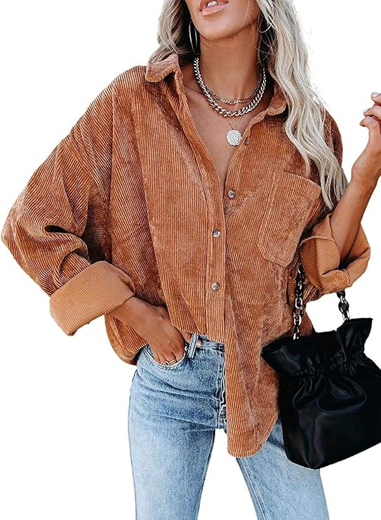 MIHOLL Women Corduroy Long Sleeve Button Down Collared Shirt Jacket Tops | Amazon (US)