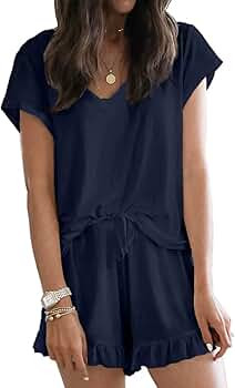 LuckyMore Women's Pajama Short Sleeve Sleepwear Soft Pj Set V Neck Top and Shorts Pajamas Set | Amazon (US)