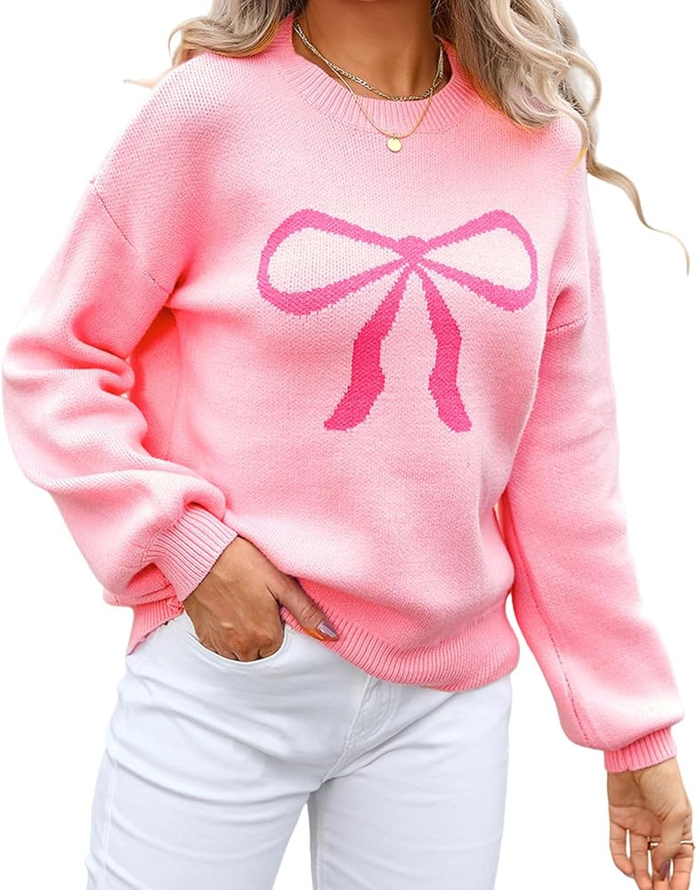 Women Cute Bow Sweater Y2k Long Sleeve Crew Neck Knit Sweaters Aesthetic Pullover Jumper Top Knit... | Amazon (US)