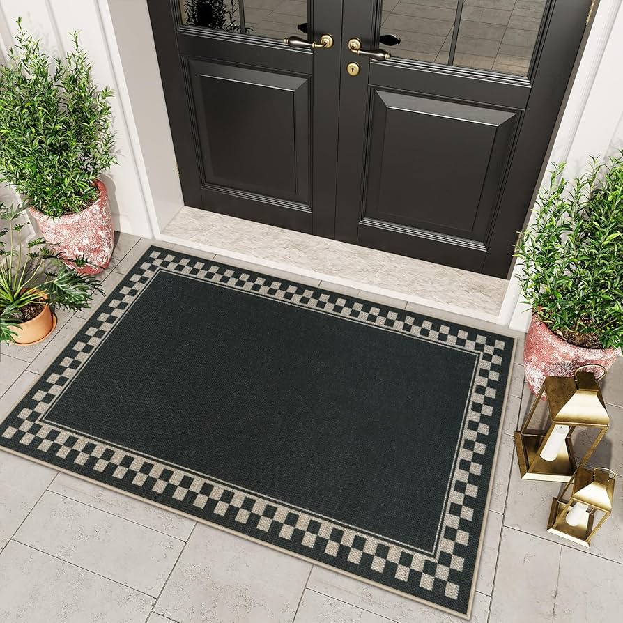 OJIA Easy Jute Outdoor Rug 3x5 Washable Rugs for Entryway, Checkered Border Black Front Door Rug ... | Amazon (US)