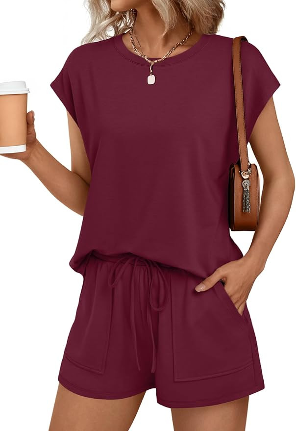 AUTOMET Womens Crew Neck Two Piece Short Sets Cap Sleeve Drawstring Summer Sweatsuit with Pocket | Amazon (US)