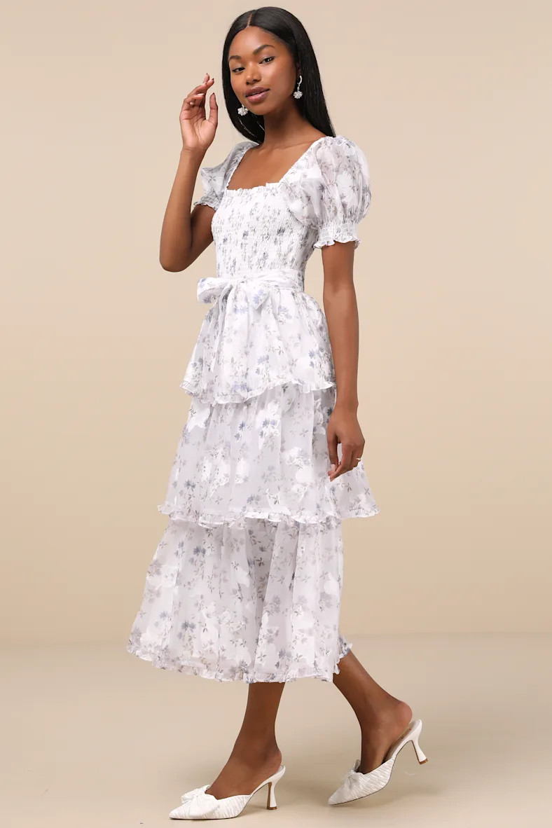 Darling Posture White Floral Tiered Puff Sleeve Midi Dress | Lulus