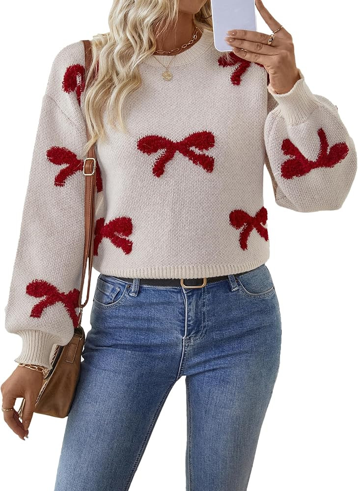 Womens Cute Ribbed Knit Crewneck Fluffy Bow Valentine Days Pullover Sweater Spring 2025 | Amazon (US)