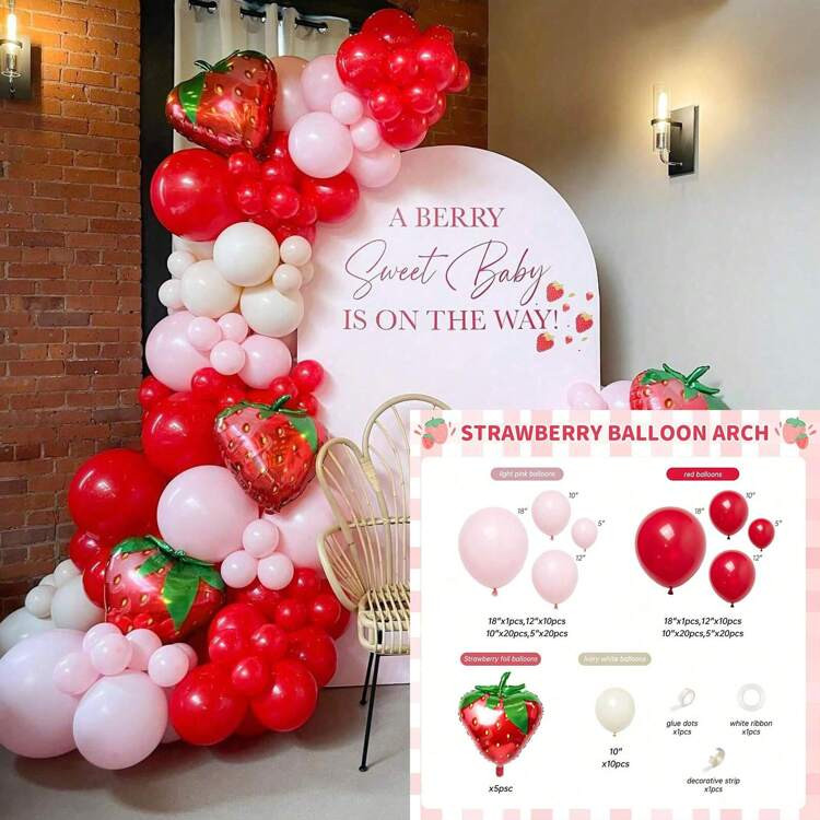 120pcs Strawberry Balloon Arch Garland Kit, Red And Pink Balloons With 5pcs Strawberry Foil Balloons For Sweet One Berry First Birthday Strawberry Party Decorations | SHEIN
