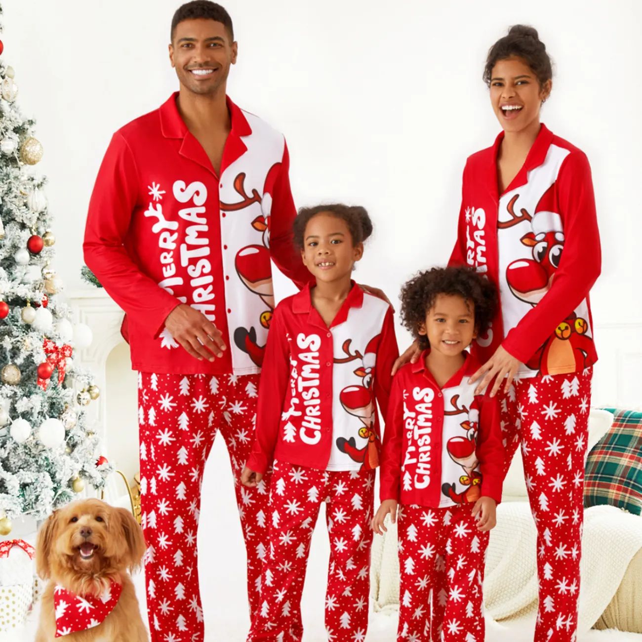 Christmas Family Matching Reindeer & Letters Print Long-sleeve Pajamas Sets(Flame resistant) | PatPat