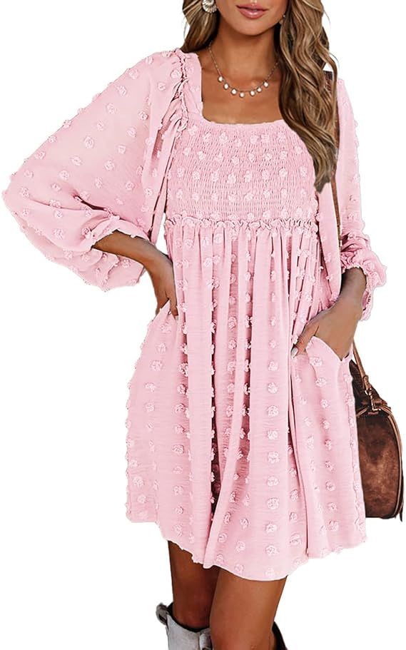 BTFBM Women 2023 Spring Summer Square Neck Smocked Dresses Long Sleeve Floral Swiss Dot Ruffle Pa... | Amazon (US)