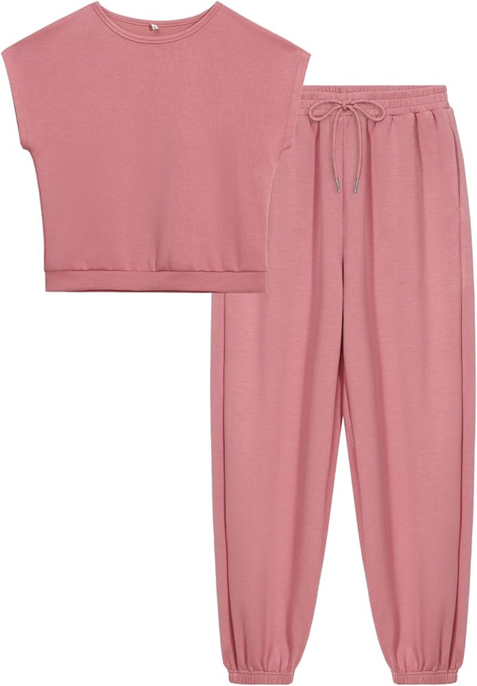 Women's 2 Piece Outfits Cap Sleeve Tops High Waist Pants Lounge Set Athletic Jogger Tracksuit Fas... | Amazon (US)