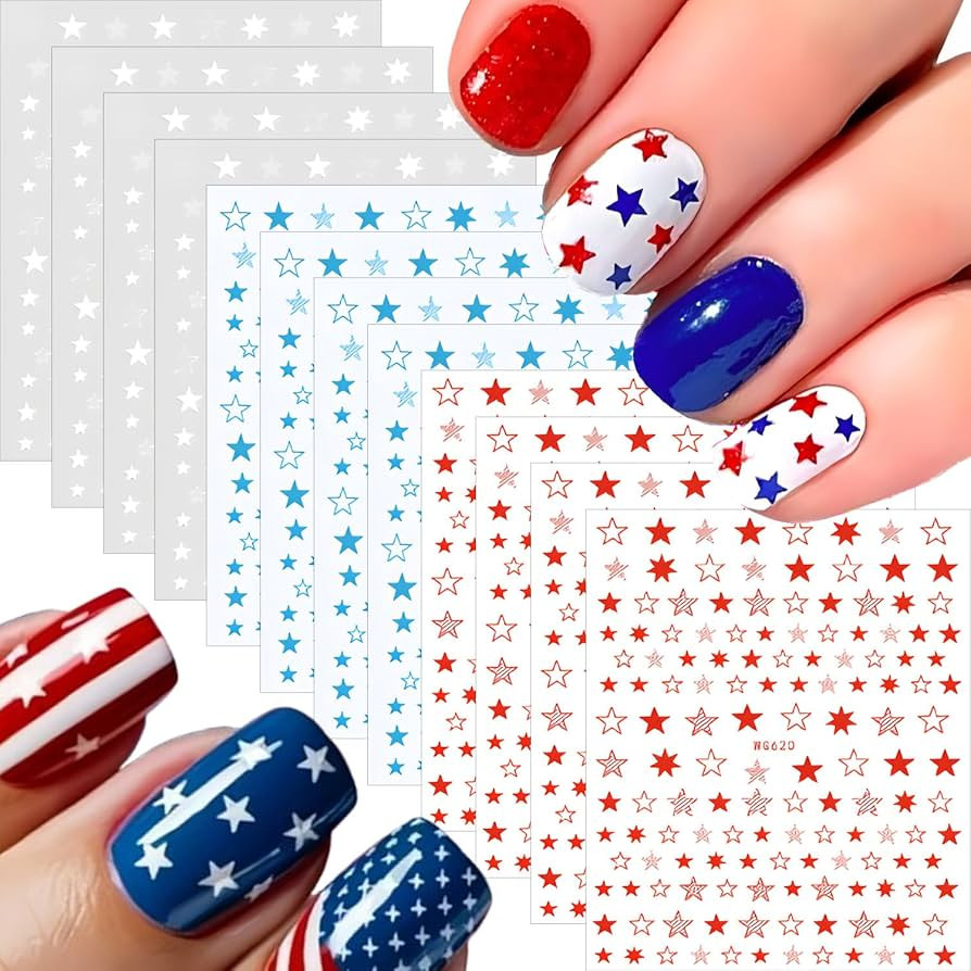 12 Sheets Star Nail Stickers Blue Red White Nail Decals Independence Day with Design Nail Decals ... | Amazon (US)