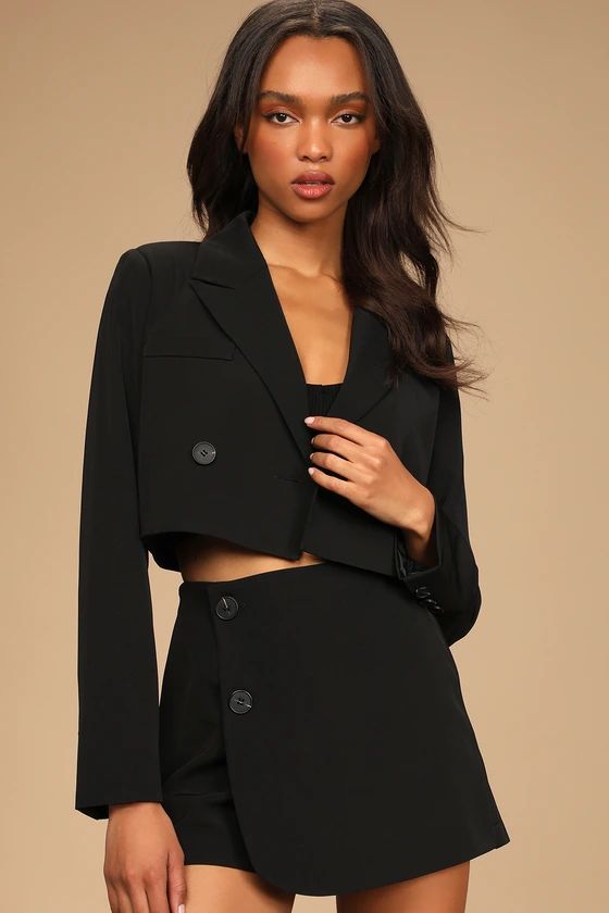 Suit 'Em Up Black Double-Breasted Cropped Blazer | Lulus (US)