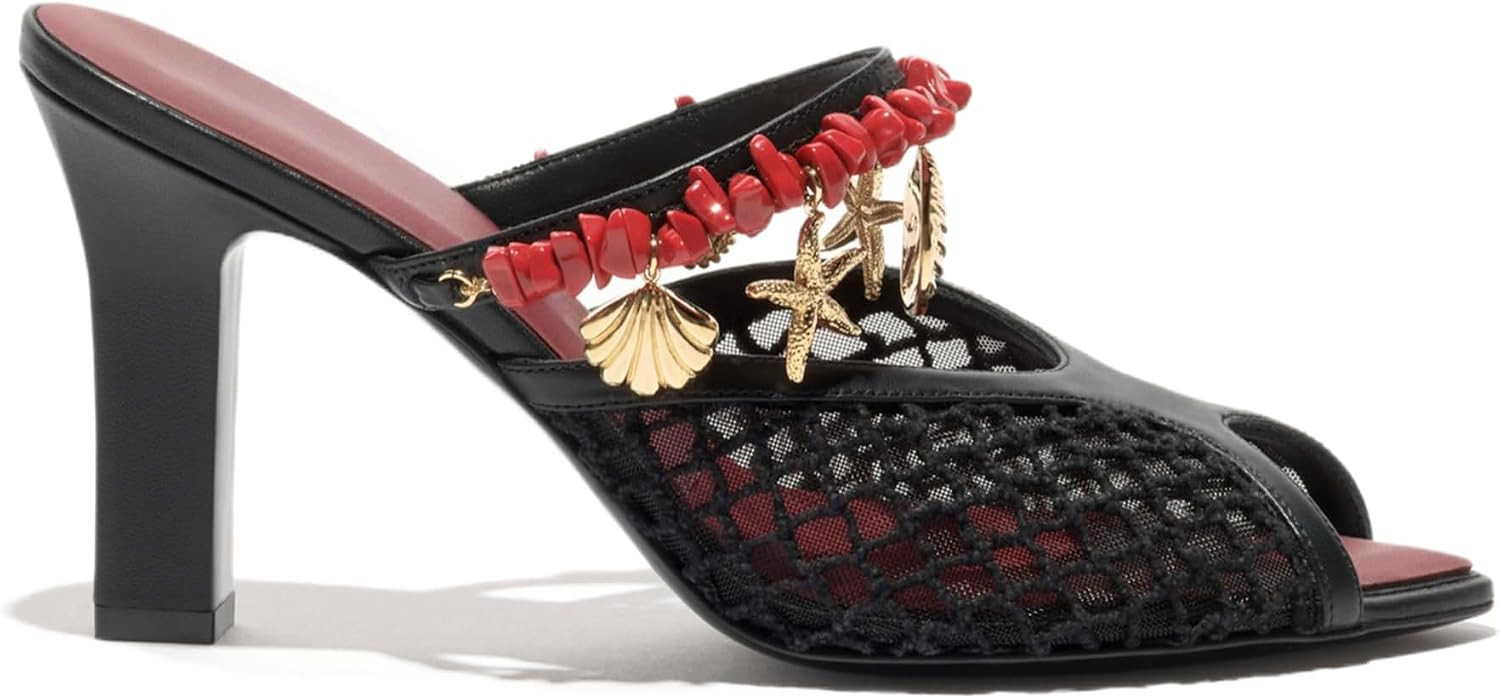Beaded Peep Toe Block Heel Sandals for Women Mesh Shell Slip On Chunky Mules Summer Cute Beach Slide Pumps | Amazon (US)