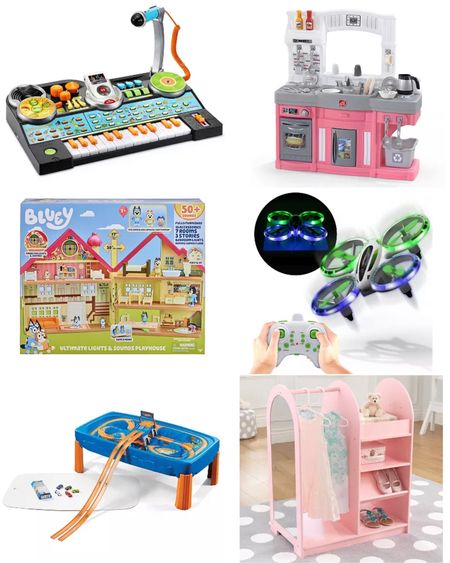 Gift ideas for kids: piano, kitchen set, bluey play houe, mini remote controlled drone, mini fashion set with mirror and shelves, racetrack with mini cars. 

#LTKkids #LTKGiftGuide #LTKunder100