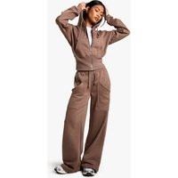 boohoo Women's Deep Hem Hoodie & Straight Leg Jogger Tracksuit in Mocha | Size: XS | Knitted | boohoo (US & Canada)