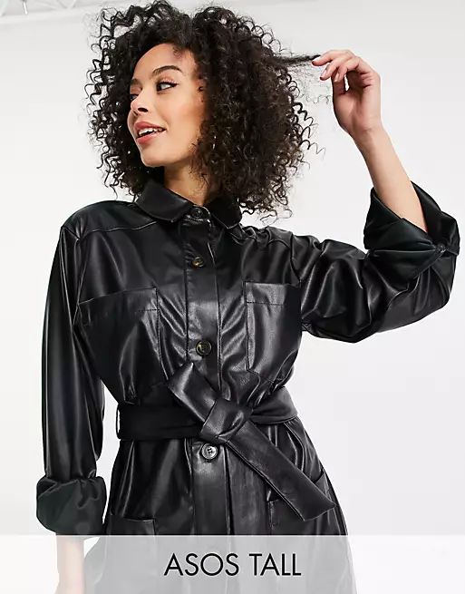 ASOS DESIGN Tall waisted leather look shacket in black | ASOS (Global)