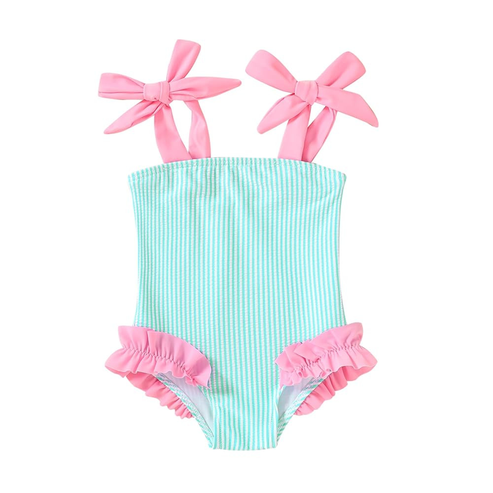 Happy Town Toddler Swimsuit Girl Solid Color Stripe One-Piece Baby Bathing Suits | Amazon (US)