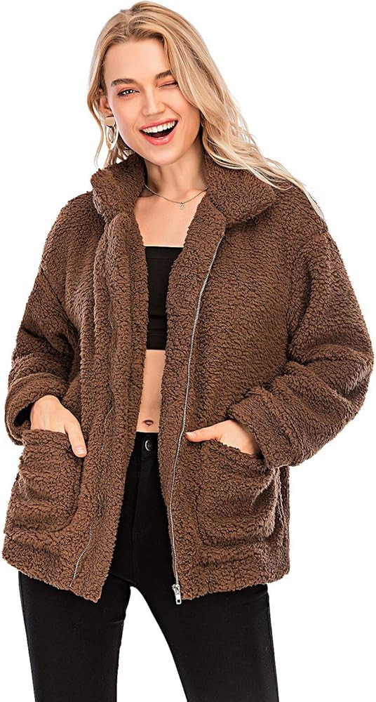 YYW Jackets for Women,Casual Fleece Fuzzy Faux Shearling Warm Winter Oversized Outwear Jackets Shagg | Amazon (US)
