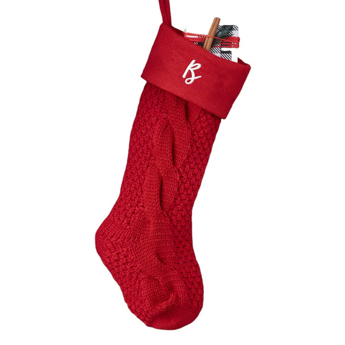 Personalization Mall Cozy Cable Knit Embroidered Initial Stocking, Red | Target