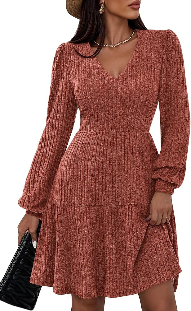 PRETTYGARDEN Womens Sweater Dress 2025 Fall Long Sleeve V Neck A Line Fit and Flare Ribbed Short ... | Amazon (US)