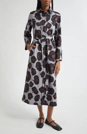 Marimekko Molly Tumma Floral Long Sleeve Twill Shirtdress in Grey Black Brown at Nordstrom Rack, Size 16 Us / 46 Eu | Nordstrom Rack