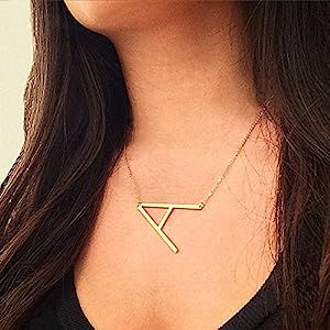 Sideways Large Initial Necklace Gold Big Letter Script Name Stainless Steel Pendant Monogram Neck... | Amazon (US)