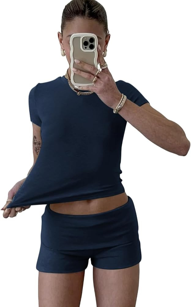 Casual Workout Two Piece Outfits for Women Short Sleeve Crop High Waist Foldover Flare Pants Trac... | Amazon (US)