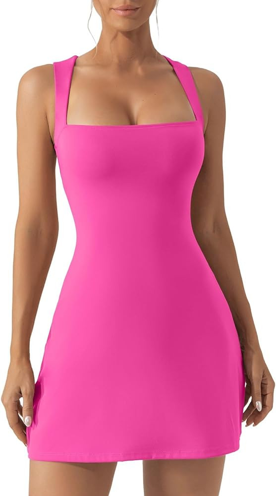 QINSEN Women's Square Neck Bodice Dress Sleeveless Tank Top Stretch Flare Mini Dresses | Amazon (US)