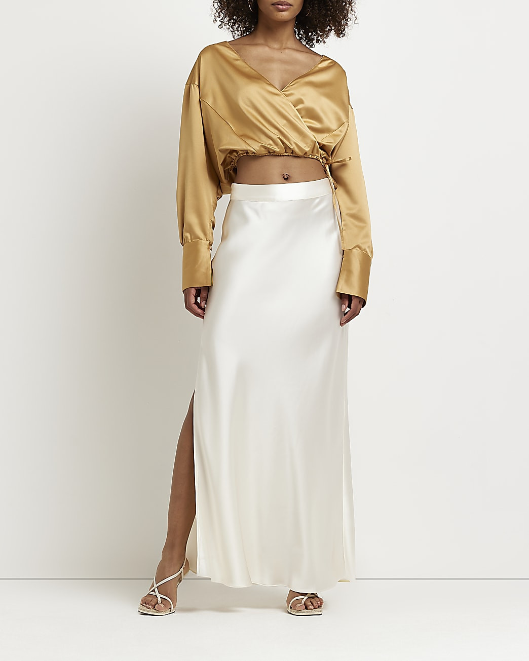 Cream satin split hem maxi skirt | River Island (US)