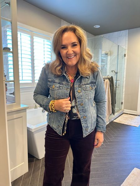 Denim jacket with some distressing. A great option for an updated look. Wearing size XL
Blouse size XL
Avara 15% off code NANETTE15 
Velvet flare jeans size 31 


#LTKfindsunder100