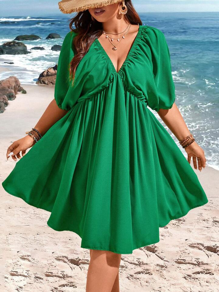 SHEIN EZwear Plus Size Women's V-Neck Batwing Sleeve Dress | SHEIN