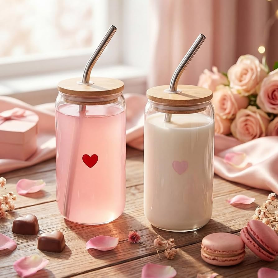 Honeydak 2 Pcs Valentine's Day Icon Juice Glass Tumbler - 18 oz Heart Icon Can Shape Glass Cups w... | Amazon (US)